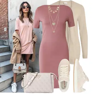 Outfit sa Ljubičasta/Pink Uska Haljina/Haljina košulja/Haljina S Visokim Ovratnikom/Haljina Ravnog Kroja/haljina uz Tijelo/Pamučna haljina/Duga pletena haljina VERO MODA "Moderna kombinacija za slobodno vrijeme"
