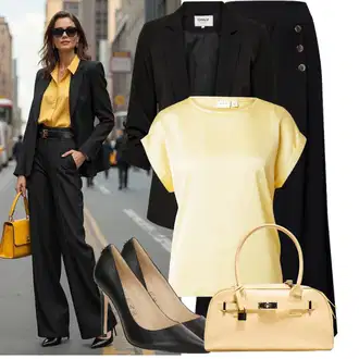 Outfit sa Crna/Žuta/Tamnoplava Palazzo Hlača/Hlače od muslina/Široka Hlača/Hlače Visokog Struka/Culotte Hlačice/Hlače s Prorezom/Marlene Hlača/Lanene Hlače/Tradicionalna Hlača Edited "Moderan outfit za slobodno vrijeme"