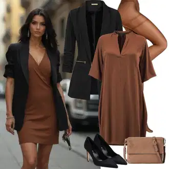 Outfit s Hnědá/Černá/Bílá Mini Šaty/Asymetrické Šaty/Šaty s Rozparkem/Zavinovací Šaty/Dlouhé pletené šaty/Sexy šaty/Svetrové Šaty/Odvážné Šaty/Šaty na Podzim/Zimní šaty s dlouhým rukávem/Šaty s dlouhým rukávem Trendyol "Elegantní Jarní Outfity"