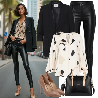 Outfit s Černá/Bílá Skinny Kalhoty/Kalhoty z Umělé Kůže/Legíny Kožený Vzhled/Kožená Kalhoty/Legíny s Vysokým Pasem/Kožený Legíny Only "Elegantní Jarní Outfity"