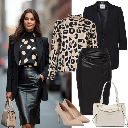 Kombinace Černá Krátká Sukně/Kožená Sukně Kožená Minisukně/Sukně z umělé kůže/Kožená Sukně temu kombinovat s Černá Oversize Sako/Dlouhý Sako/Boyfriend Sako Pieces