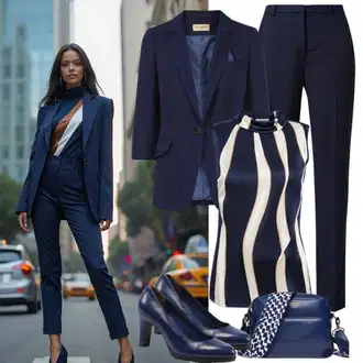 Outfit s Tmavě modrá/Světle modrá/Modrá Rovná Kalhoty/Business Kalhoty/Strečová Kalhoty/Dlouhá Kalhoty/Mušelínové kalhoty/Úzká Kalhoty/Obleková Kalhoty/Kalhoty se Štěrbinou/Navlékací Kalhoty VERO MODA "Elegantní vzhled"