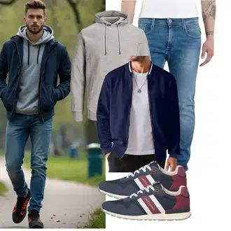 Outfit mit Dunkelblau/Blau Nylonjacke/Sommerjacke/Laufjacke/Kunstfaserjacke/Wendejacke/Samtjacke/Bomberjacke/Uniformjacke/Cordjacke JMIERR "Freizeit Outfit"