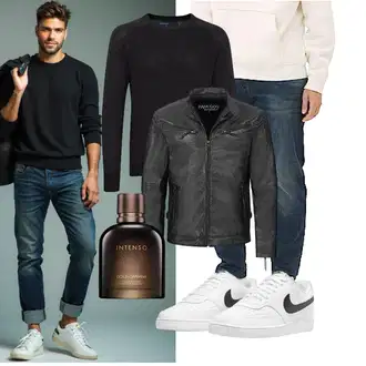 Outfit mit Grau/Rosa/Dunkelgrau/Dunkelgrün Bikerjacke/Motorradjacke/Vintage Lederjacke/Leder Bomberjacke/Kunstlederjacke PAULGOS "Freizeit Outfit"