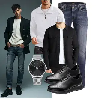 Outfit mit Weiß/Creme/Dunkelblau/Grau Polo-Pullover/StillPullover/Pullover mit Reißverschluss/Thermo Pullover/Pullover mit Stehkragen COOFANDY "Freizeit Outfit"