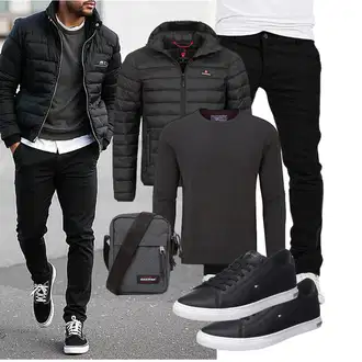 Hütten Outfit mit Schwarz/Grau/Dunkelgrau Kapuzenjacke/Hybridjacke/Puffer Jacke/Isolationsjacke/Verstaubare Jacke/Thermojacke Höhenhorn "Freizeit Outfit"Look: Wasen, Bayram, Valentinstag, Hütten, Konzert, Fasching, Schule, Weihnachten, Pop Konzert