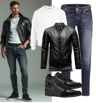 Outfit mit Schwarz/Dunkelgrau/Grau Leder Bomberjacke/Vintage Lederjacke/Jacke mit Seitlichem Reißverschluss/Kunstlederjacke/Bikerjacke/Motorradjacke Crone "Freizeit Outfit"