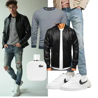 Outfit mit Schwarz Kunstlederjacke/Leder Bomberjacke BOLF "Freizeit Outfit"
