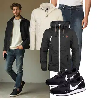 Outfit mit Schwarz/Dunkelgrau/Khaki Funktionsjacke/Trachtenstrickjacke/Ripstopjacke/Jacke mit Seitlichem Reißverschluss/Outdoorjacke/Kastenjacke/Wachsjacke/Snowboardjacke/Nylonjacke/Kapuzenjacke/Leichte Jacke/Windbreaker Jacke solid "Freizeit Outfit"