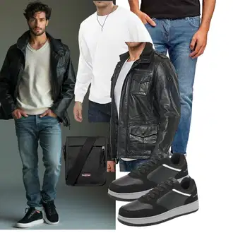 3/4 arm Outfit mit Schwarz/Dunkelgrün/Braun Fliegerjacke/Vintage Lederjacke/KunstLederjacke/Wachsjacke/Leder Bomberjacke Tazzio "Freizeit Outfit"
