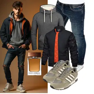 Outfit mit Schwarz/Blau/Dunkelblau Fliegerjacke/Bomberjacke KEFITEVD "Freizeit Outfit"