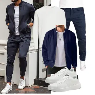 Outfit mit Dunkelblau/Blau Nylonjacke/Sommerjacke/Laufjacke/Kunstfaserjacke/Wendejacke/Samtjacke/Bomberjacke/Uniformjacke/Cordjacke JMIERR "Freizeit Outfit"