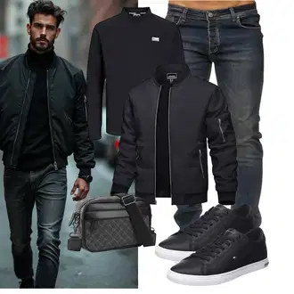 Outfit mit Dunkelgrau/Schwarz/Grau Jacke mit Seitlichem Reißverschluss/Fliegerjacke/Frühlingsjacke/Collegejacke/Nylonjacke/Bomberjacke TACVASEN "Freizeit Outfit"