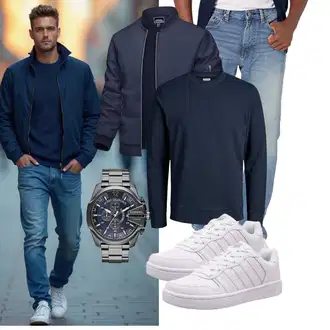 Outfit mit Dunkelblau Jeans Leder Schuhe Amazon Essentials "Freizeit Outfit"