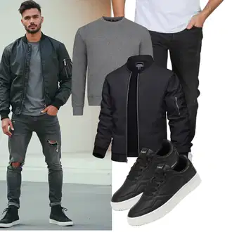 Outfit mit Schwarz/Dunkelblau/Dunkelgrau Kunstfaserjacke/Collegejacke/Fliegerjacke/Jacke mit Seitlichem Reißverschluss/Bomberjacke TACVASEN "Freizeit Outfit"