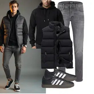 7/8-lang Outfit mit Schwarz/Dunkelgrau Funktionsweste/Ärmellose Weste/Outdoorweste/Reiseweste/Kurze Weste/Daunenweste/Puffer Weste AnyuA "Freizeit Outfit"