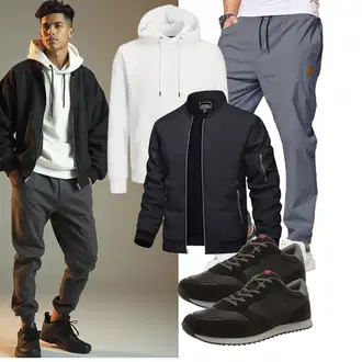 Outfit mit Dunkelgrau/Schwarz/Grau Jacke mit Seitlichem Reißverschluss/Fliegerjacke/Frühlingsjacke/Collegejacke/Nylonjacke/Bomberjacke TACVASEN "Freizeit Outfit"