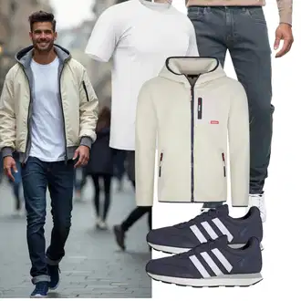 Retro Outfit mit Grau Teddy Jacke/Outdoorjacke/Sweatjacke Riverso "Freizeit Outfit"Look: Teddy, Stil, Outdoor, Moderne, Workwear, Sportlich, Retro, Unisex, Kuschel, Smart Casual, Streetwear, Casual
