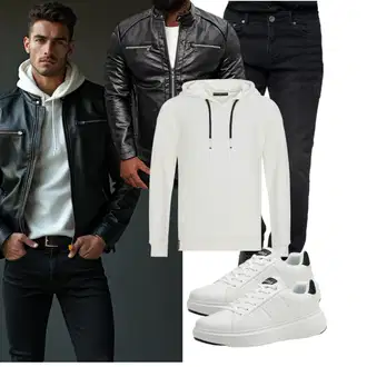 Outfit mit Schwarz Jacke mit Seitlichem Reißverschluss/Vintage Lederjacke/Motorradjacke/Leder Bomberjacke/Bikerjacke/Kunstlederjacke OZONEE "Freizeit Outfit"