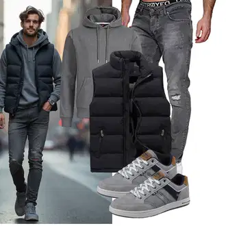 7/8-lang Outfit mit Schwarz/Dunkelgrau Funktionsweste/Ärmellose Weste/Outdoorweste/Reiseweste/Kurze Weste/Daunenweste/Puffer Weste AnyuA "Freizeit Outfit"