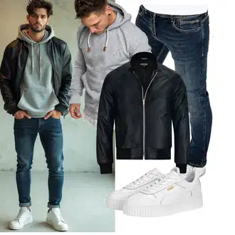 Herbst Outfits Geburtstag mit Schwarz/Dunkelblau/Grau/Blau Kunstlederjacke/Leder Bomberjacke Bohmberg "Freizeit Outfit"Look: Konzert, Electro, Schule, 18 Geburtstag, Wasen, Geburtstag, Pop Konzert