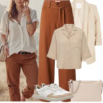 Outfity pro baculky Kancelář s Béžová/Khaki Pieces, Béžová/Khaki/Hnědá Blůza s knoflíčkem/Lněná Halenka/Oversize Halenka/Manšestrová Halenka/Halenka s Krátkým Rukávem/Tunikové Tričko/Otevřená Halenka/Halenka S 3/4 Rukávem Only "Jarní Outfit"Look: Kancelář, Elegantní, Univerzitní, Šik, Disko, Nadrozměrné, Klasické, Styl, Moderní, Mom, Safari, Pracovní oděvy, Retro