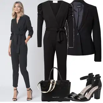 Šik Svatovski gost Outfit sa Crna Plisirani Kombinezon/Elegantni Kombinezon/Vjenčanje Kombinezon/Zimski Kombinezon/Svečani Kombinezon Sisters Point "Proljetni Outfit"Look: Rap, Ured, Šik, Radna odjeća, Premium, 70-ich