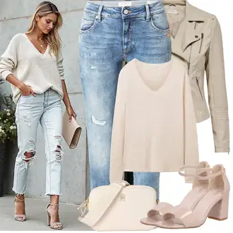 Outfit s Béžová/Bílá/Khaki/Růžová Kašmírový Svetr/Svetr z Jemné Pleteniny/Mohair Pullover/Jednoduchý Svetr/Svetr s V-výstřihem/Vlněný Svetr Tom Tailor "Jarní Outfit"