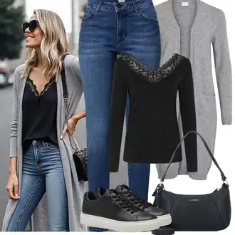 Zapínání na knoflíky Dlouhé Outfit s Šedá/Tmavě šedá/Světle šedá Pletenina veľkej veľkosti/Šaty Móda Pro Plnoštíhlou/Kabát/Tunika Vila "Jarní Outfit"