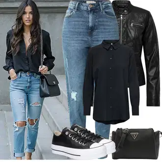 Léto Outfit s Světle modrá/Modrá High Waist Džínové Kalhoty/Kotníková Bota/Boyfriend Džínové kalhoty/Džíny s Rozparkem/Kožené bundy/Džíny s Dírou/Girlfriend Džíny Pieces "Jarní Outfit"