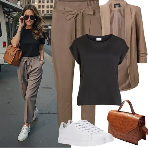 Kombinace Hnědá/Khaki/Béžová Paperbag Kalhoty/Ležérní Kalhoty/Mušelínové Kalhoty VERO MODA kombinovat s Černá/Tmavě šedá Muskulární Tričko/Krátký Top/Síťované tričko/Košilový Top/Tričko s krátkým rukávem/Tričko/Jednoduchý Top Vila