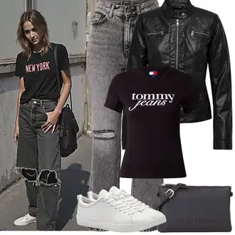 Léto Outfit s Šedá/Světle šedá/Tmavě šedá Džíny s Dírou/Džíny s Rozparkem/Kožené bundy/Pánské tričko/Zkrácené Džíny Only "Jarní Outfit"