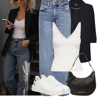 S Pertlanjem Outfit sa Svjetloplava/Plava Traperice Široke Nogavice/Formalna Košulja/Dad Traperice/Traperice s Prorezom/Mom Jean/Vrećaste Traperice/High Waist Traperice/Traperice Opuštenog Kroja/Vintage traperice/Culotte Traperice Only "Proljetni Outfit"