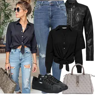 Outfit sa Crna/Ljubičasta Kožna Tenisica/Niska Tenisica/Skate cipela/Tanka Tenisica Puma "Proljetni Outfit"