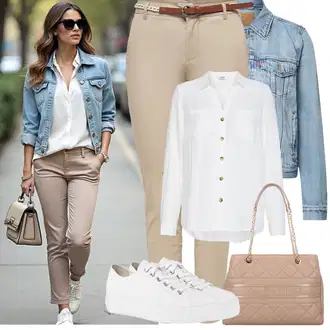 Proljeće Outfit sa Bijela/Srebro/Krem Kožna Tenisica/Tenisica s platformom/Tanka Tenisica/Niska Tenisica/Platnena Tenisica/Tenisice s patentnim zatvaračem sa strane Paul Green "Proljetni Outfit"