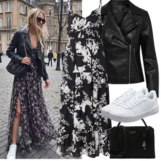 Outfit s Hnědá/Růžová/Krémová/Bílá/Černá Dlouhé Letní Šaty/Šaty Na Ramínko/Maxi Šaty/Šaty S Potiskem About You "Jarní Outfit"