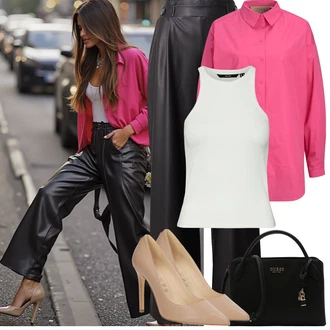 Outfit sa Pink Duga Bluza/Tunika Majica/Jednobojna Bluza/Oversize Bluza/Bluza s Podignutim Ovratnikom/Bluza s gumbom/Bluza Dugih Rukava/Slip-on Bluza jjxx "Proljetni Outfit"