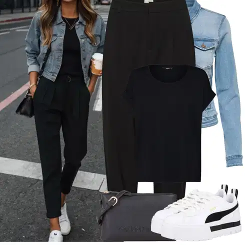 Kombinace Černá/Béžová Mrkvová Kalhoty/Kalhoty s nášivkou uprostřed/Navlékací Kalhoty/Tradiční Kalhoty/Mušelínové kalhoty/3/4 Kalhoty/Kalhoty s Vysokým Pasem/Boyfriend Kalhoty/Široká Kalhoty Baggy Kalhoty Kaffe kombinovat s Světle modrá/Modrá Bunda Krátké Džínové Bundičky/Vintage Bund/Džínové Bund Only