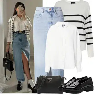Outfit s Krémová/Bílá/Tmavě modrá Sveter Pruhovaný Svetr Pieces "Jarní Outfit"
