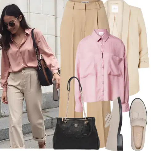 Kombinace Béžová/Khaki Široká Kalhoty/Mušelínové kalhoty/Palazzo Kalhoty/Paperbag Kalhoty/Kalhoty se Štěrbinou/Kalhoty s Vysokým Pasem/Marlene Kalhoty Edited kombinovat s Růžová Halenka Blůza s knoflíčkem/Neobvyklá Halenka/Oversize Halenka/Crash blůza/Halenkový Top/Halenkové Body/Manšestrová Halenka/Jednobarevná Halenka/Halenka s Dlouhým Rukávem daahls by emma roberts exclusively for about you