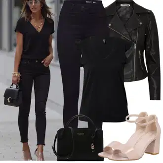 Outfit sa Crna/Tamnoplava Samtaste Tajice/Traper Tajice/Tajice visokog Struka/Jeggings/Pletena Tajica/Podstavljena Tajica/Oblikovana Tajica/Kožna Jakna/Treggings/Tople Tajice Noisy may "Proljetni Outfit"