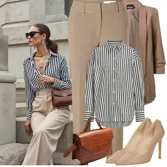 Outfit s Béžová/Hnědá/Khaki Business Kalhoty/Mušelínové Kalhoty/Obleková Kalhoty/Kalhoty s nášivkou uprostřed SELECTED FEMME "Jarní Outfit"