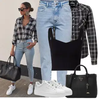 Outfit sa Crna/Tamnoplava Skraćena majica bez rukava/Majica na špagete/Kratki Top/Bustijer-top/Pleteni top Edited "Proljetni Outfit"