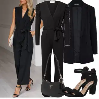 Šik Svatovski gost Outfit sa Crna Plisirani Kombinezon/Elegantni Kombinezon/Vjenčanje Kombinezon/Zimski Kombinezon/Svečani Kombinezon Sisters Point "Proljetni Outfit"Look: Rap, Ured, Šik, Radna odjeća, Premium, 70-ich