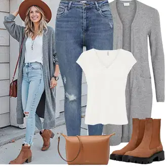 Zapínání na knoflíky Dlouhé Outfit s Šedá/Tmavě šedá/Světle šedá Pletenina veľkej veľkosti/Šaty Móda Pro Plnoštíhlou/Kabát/Tunika Vila "Jarní Outfit"