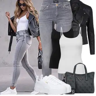 Outfit sa Crna/Bijela/Tamnosiva/Pink Kaput yas "Proljetni Outfit"