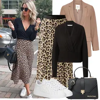 Dugački rukavi Outfit sa Crna/Kaki/Tamnozelena/Smeđa Bluza i Tunika/Pletivo Veći Broj About You "Proljetni Outfit"