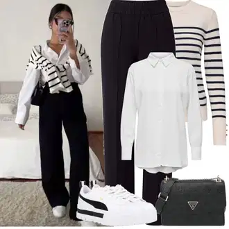 Outfit s Černá/Fialová/Tmavě modrá Obleková Kalhoty/Mušelínové kalhoty/Plisovaná kalhoty/Rovná Kalhoty/Dlouhá Kalhoty/Kalhoty Bootcut/Business Kalhoty Only "Jarní Outfit"