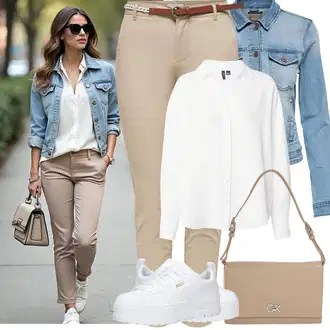 Outfit sa Bijela/Krem Bluza Bodija Bluze/Bluza s zakrpom na laktu/Poslovna Bluza/Bluza Dugih Rukava/Bluza s Podignutim Ovratnikom/Oversize Bluza/Slip-on Bluza/Oversize Mušlinova Bluzica/Bluza s gumbom/Crash Bluza/Bluza koja se ne pegla VERO MODA "Proljetni Outfit"
