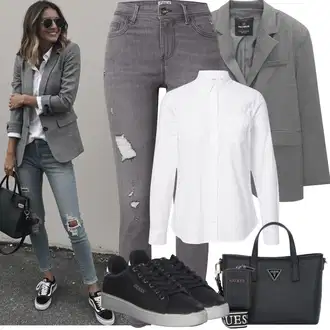 Outfit sa Crna Tanka Tenisica/Kožna Tenisica/Tenisice s patentnim zatvaračem sa strane/Niska Tenisica/Ljetna Tenisica/cipela na vezanje/neformalna cipela Guess "Proljetni Outfit"